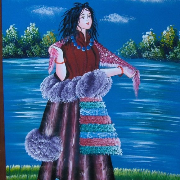 Colorful Acrylic Scroll Painting On Canvas Of Woman In Beautiful Dress by Water - Picture 1 of 7